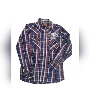 Youth Cowboy Hardware Shirt Medium Orange Gray Plaid Pearl Snap Western Cowboy S